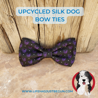 Purple and Black dog bow tie recycled from a silk necktie. Two sizes available. Attaches over the collar with hook and loop closure. - Life Has Just Begun