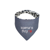 Mama's Boy Chambray Blue Embroidered Reversible dog bandana with snaps. -Life Has Just Begun
