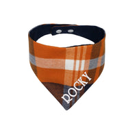 Personalized embroidered blue and orange flannel fall dog bandana with snaps - Life Has Just Begun
