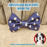 Upcycled navy print silk dog bow tie. This bow tie was repurposed from a new never worn mens necktie. - Life Has Just Begun