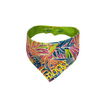 Bright multi colored tropical print summer dog bandana personalized with your pets name in a bight yellow font. Life Has Just Begun
