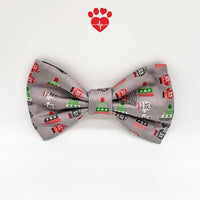 Upcycled red, white, green and gray hats and mittens silk dog bow tie. - Life Has Just Begun