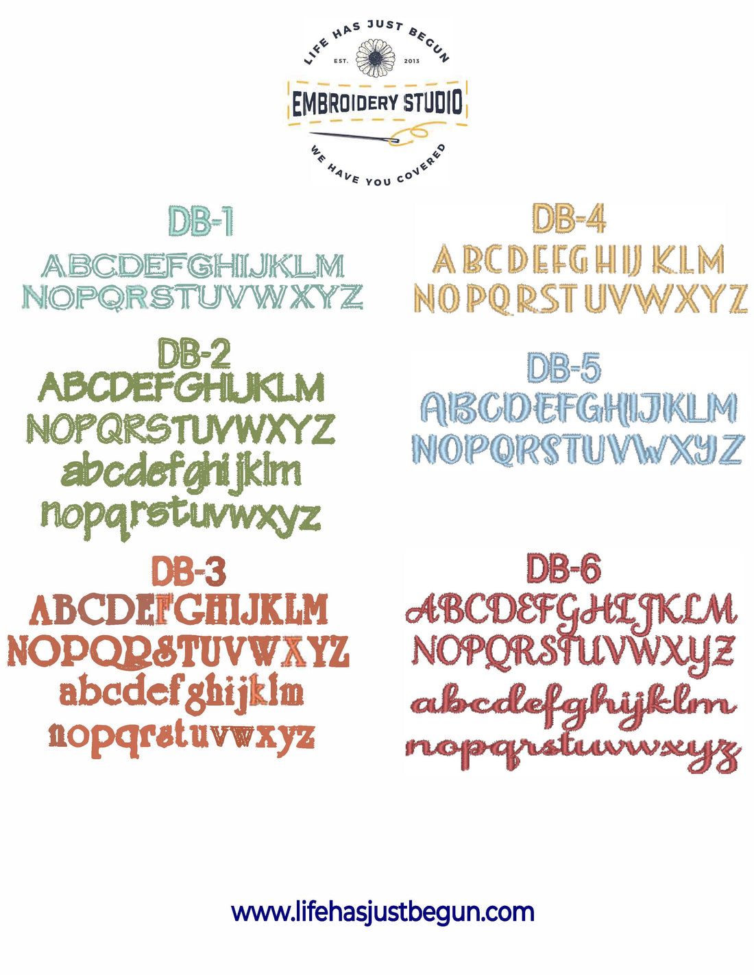 Full printout of font choices for personalized dog bandanas - Life Has Just Begun