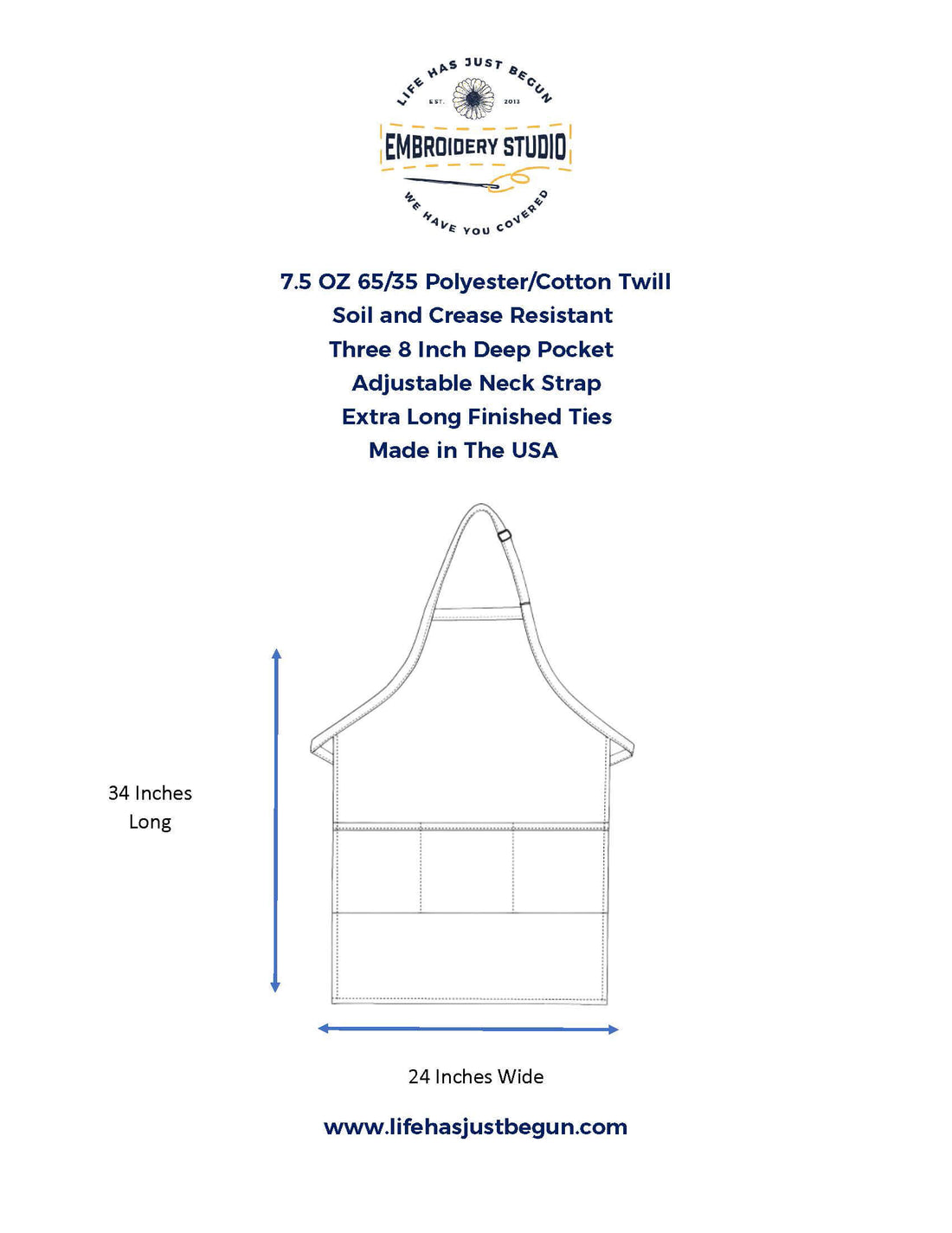 Apron specifications - Life Has Just Begun