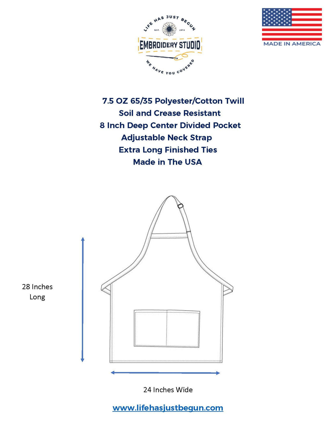 Apron specifications - Life Has Just Begun