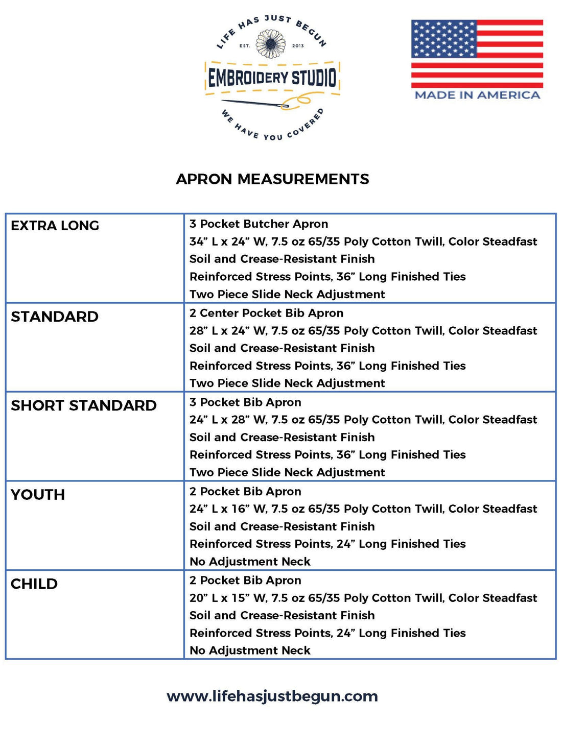 Apron specifications - Life Has Just Begun