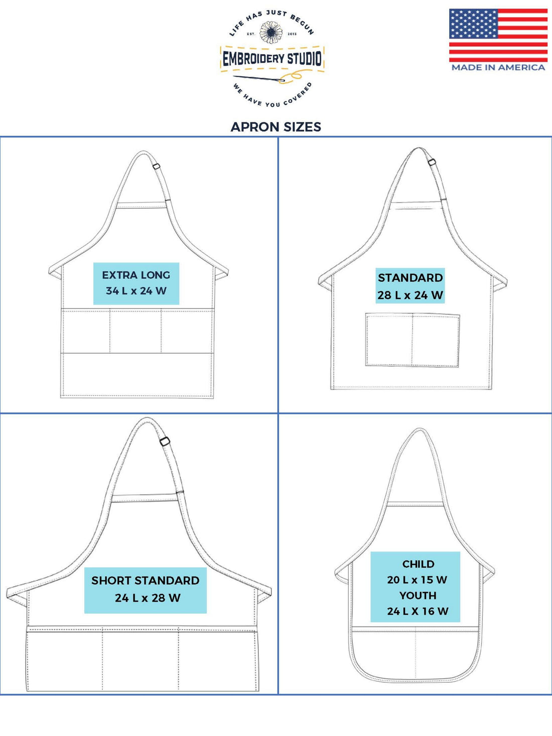 Apron sizes description sheet - Life Has Just Begun