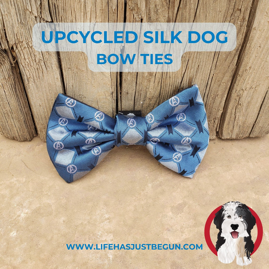 Upcycled blue argyle silk dog bow ties created from a deconstructed mens neck tie.  - Life Has Just Begun