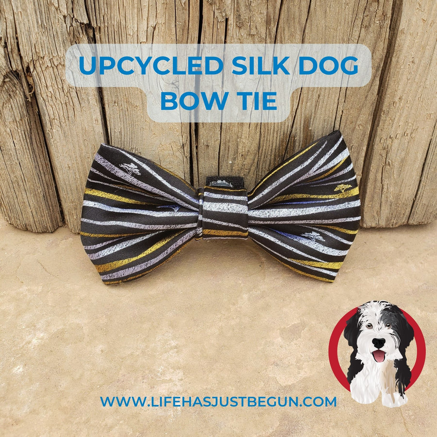 Repurposed mens silk tie to create a black silver and gold dog bow tie. - Life Has Just Begun