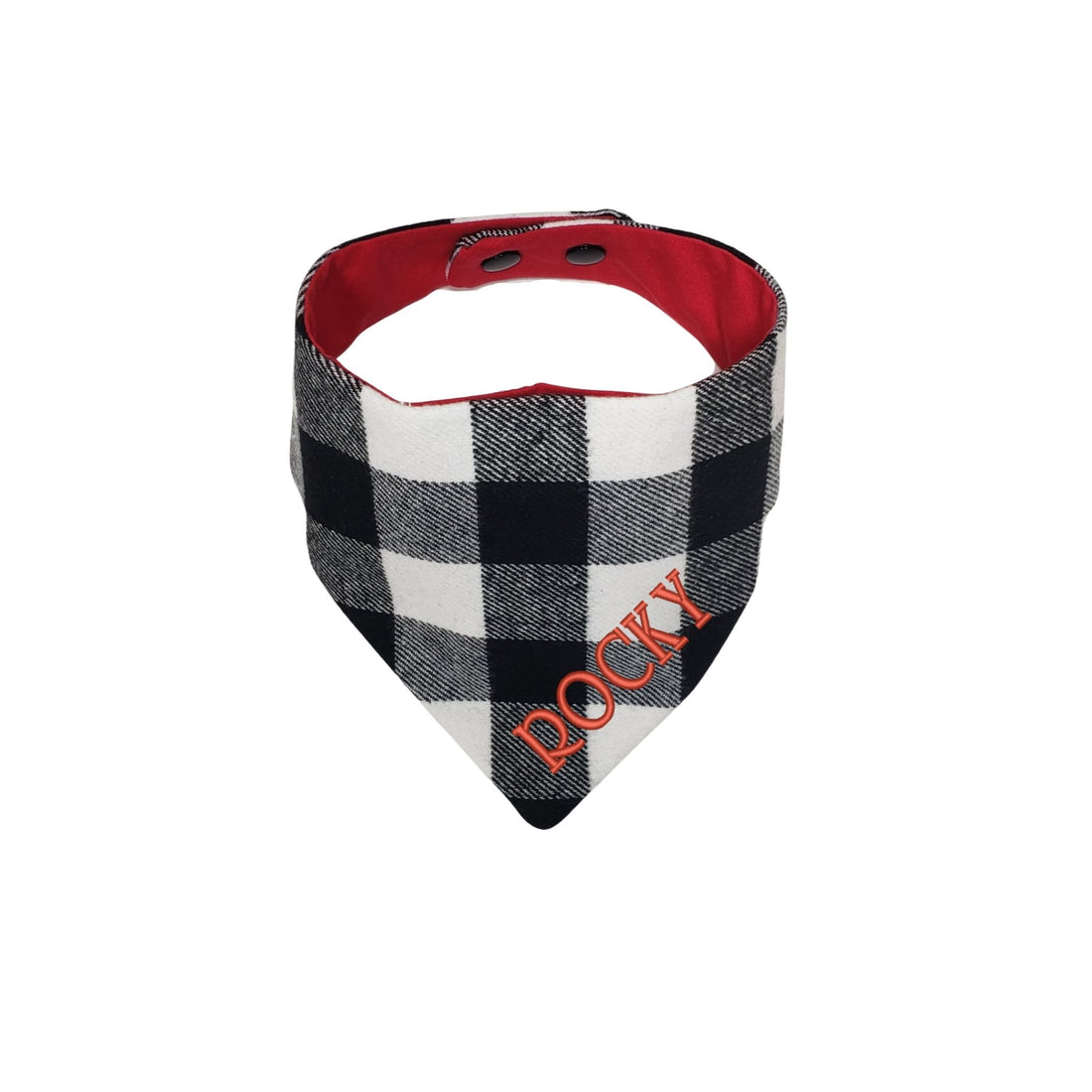 Personalized black and white flannel reversible dog bandana with snaps. - Life Has Just Begun 
