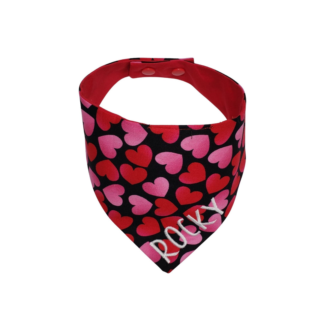 Personalized pink and red hearts on black background embroidered dog bandana. -Life Has Just Begun