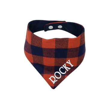 Personalized Blue and Orange Buffalo Plaid Flannel dog bandana with snaps. - Life Has Just Begun