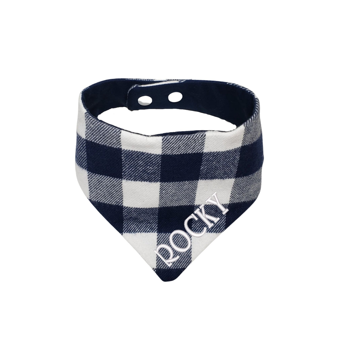 Personalized Blue and White Buffalo Plaid embroidered reversible dog bandana with snaps - Life Has Just Begun