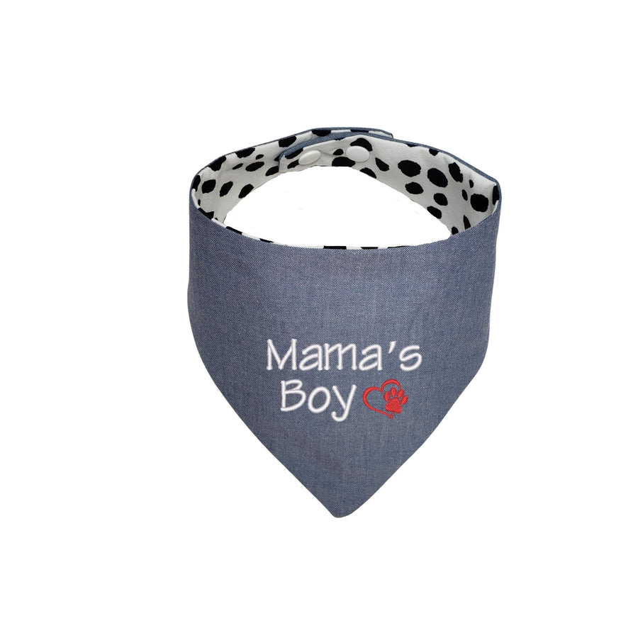 Mama's Boy Chambray Blue Embroidered  Reversible  dog bandana with snaps. -Life Has Just Begun