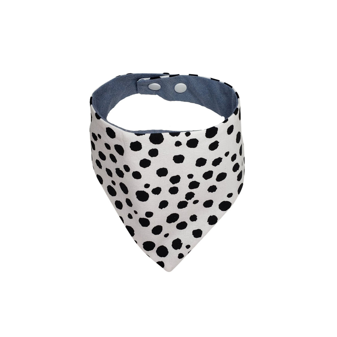 Black and White spotted reversible to blue chambray dog bandana with snaps. - Life Has Just Begun