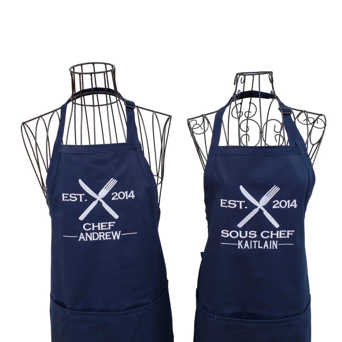 Personalized Chef and Sous Chef Navy full length embroidered aprons for couples. - Life Has Just Begun