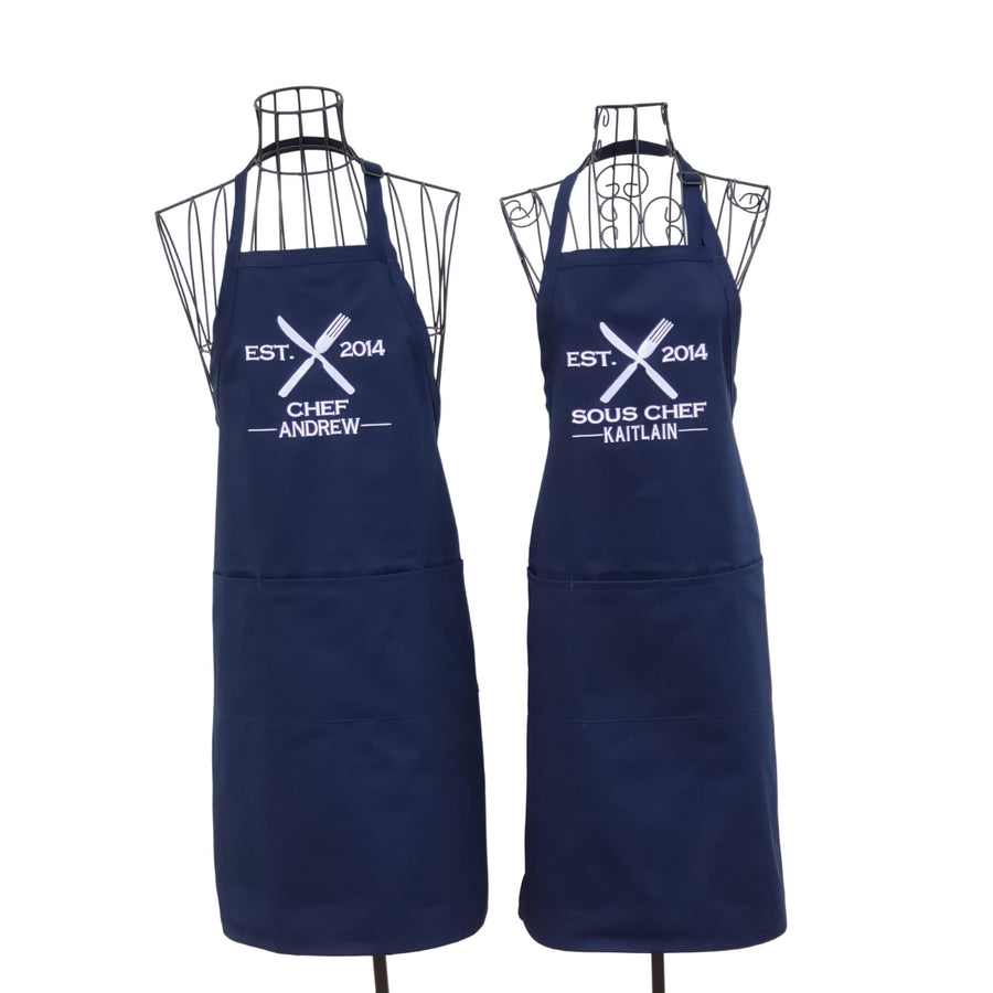 Personalized Chef and Sous Chef Navy full length embroidered aprons for couples. - Life Has Just Begun