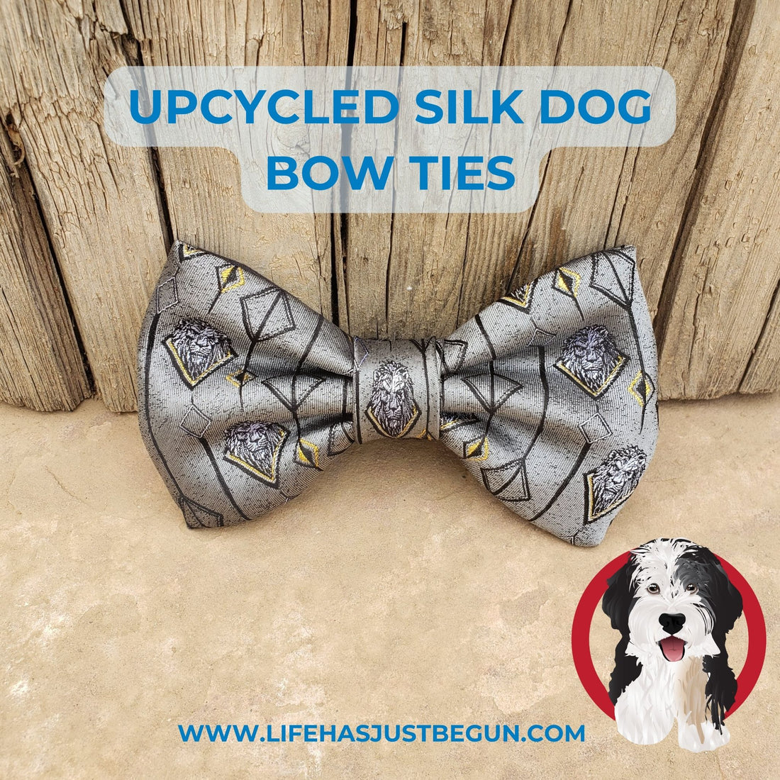 Repurposed mens silver gold and black lions pride necktie to a  beautiful silk dog bow tie. - Life Has Just Begun