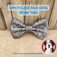 Repurposed mens silver gold and black lions pride necktie to a  beautiful silk dog bow tie. - Life Has Just Begun