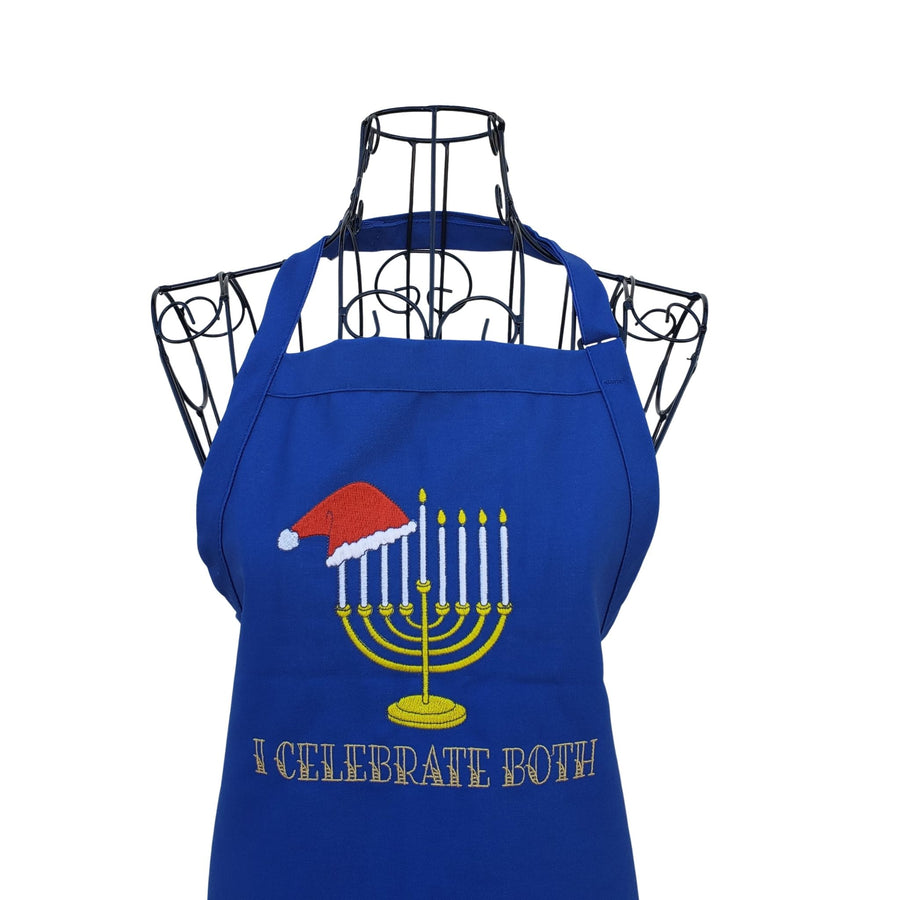 Royal Blue I Celebrate Both Hanukkah and Christmas embroidered aprons - Life Has Just Begun
