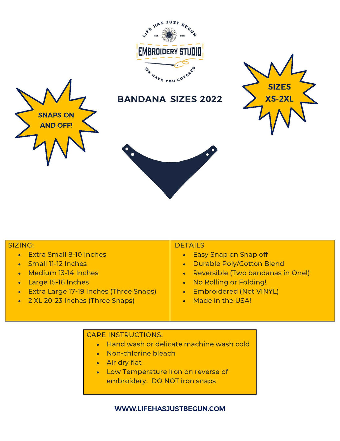 Bandana sizes, details and care instructions - Life Has Just Begun