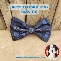 Repurposed mens silk necktie to a navy and white control panel silk dog bow tie. - Life Has Just Begun