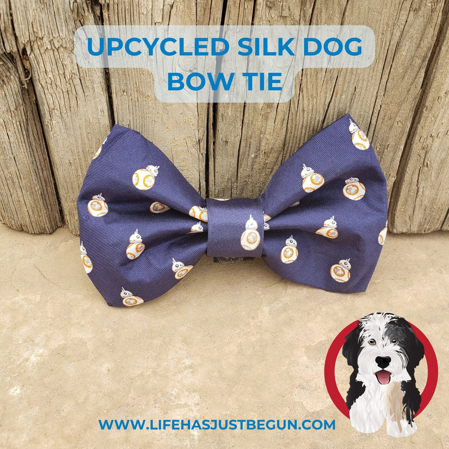 Upcycled navy print silk dog bow tie.  This bow tie  was repurposed from a new never worn mens necktie.  - Life Has Just Begun