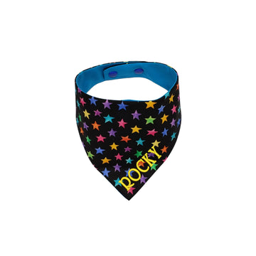 Our bright colored stars on a black sky is personalized with bright yellow embroidery.  Our snap on dog bandana is reversible too! - Life Has Just Begun.