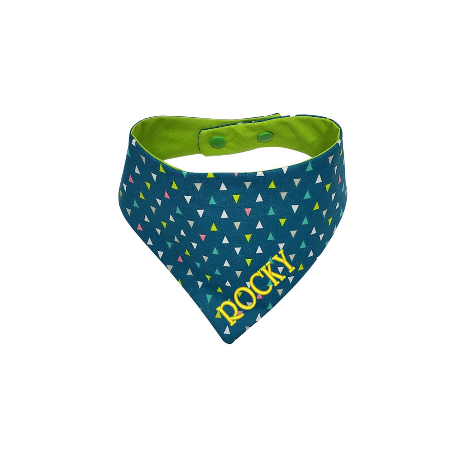 Personalized  embroidered Geometric Triangle on a Teal  reversible dog bandana with snaps. - Life Has Just Begun