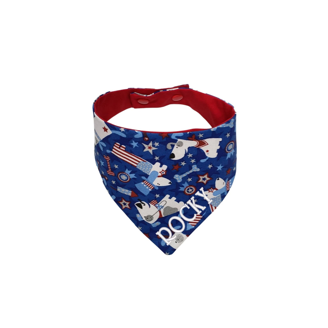 Personalized patriotic puppies red white and blue reversible snap on dog bandana.  Comes in sizes extra small to 2XL.  Made in the USA -  Life Has Just Begun