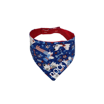 Personalized patriotic puppies red white and blue reversible snap on dog bandana.  Comes in sizes extra small to 2XL.  Made in the USA -  Life Has Just Begun