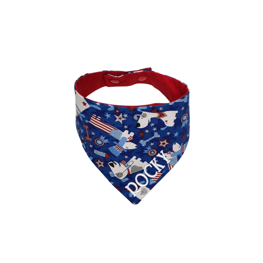 Personalized patriotic puppies red white and blue reversible snap on dog bandana.  Comes in sizes extra small to 2XL.  Made in the USA -  Life Has Just Begun