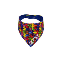 Multicolored puzzle pieces personalized embroidered adjustable dog bandana. - Life Has Just Begun