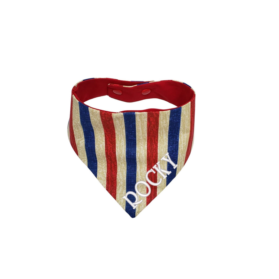 Personalized red and blue stripes on a tan colored background  reversible snap on dog bandana.  Our bandana is embroidered not vinyl  and made in the USA. - Life Has Just Begun