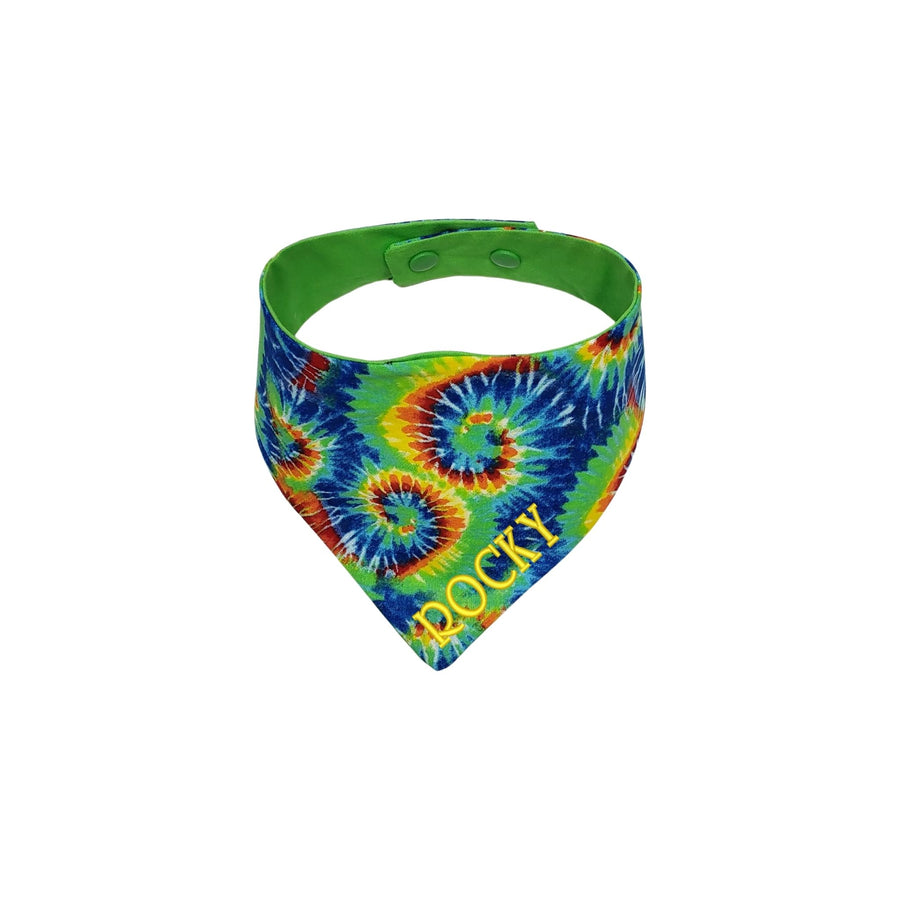 Personalized Tie Dyed bright colored embroidered summer dog bandana.  Our adjustable snap on bandanas are reversible. - Life Has Just Begun