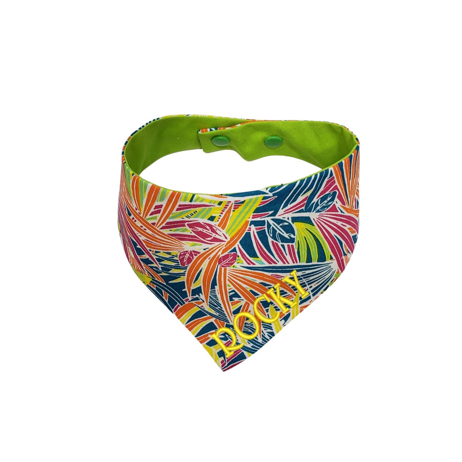 Bright multi colored tropical print summer dog bandana personalized with your pets name in a bight yellow font.  Life Has Just Begun