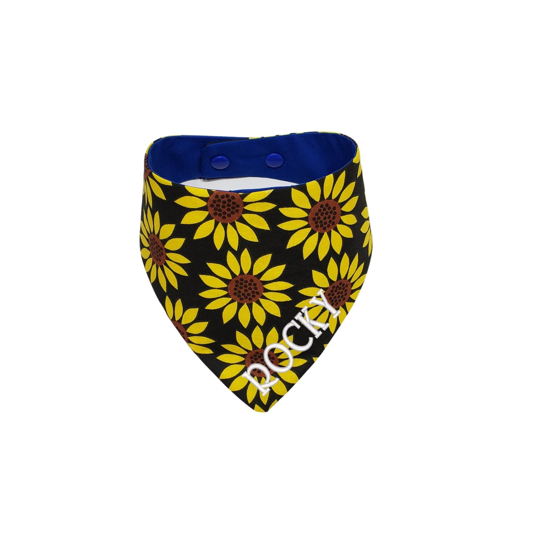 Custom bright yellow sunflowers on a black background summer  dog bandana.  Our snap on bandana is reversible.  Custom name is in white thread. - Life Has Just Begun.