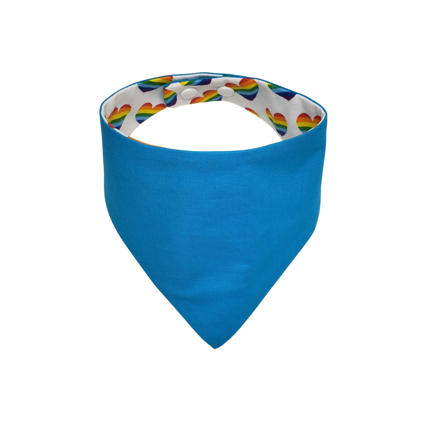 Rainbow heart reversible aqua blue dog bandana with snaps. - Life Has Just Begun