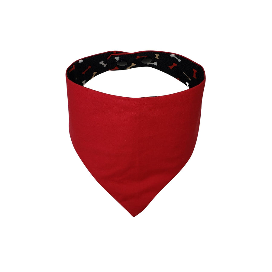 Red reverse side of multi color bones dog print  bandana - Life Has Just Begun