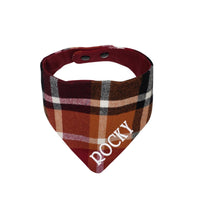 Personalized burgundy and rust reversible plaid flannel dog bandana with snaps - Life Has Just Begun