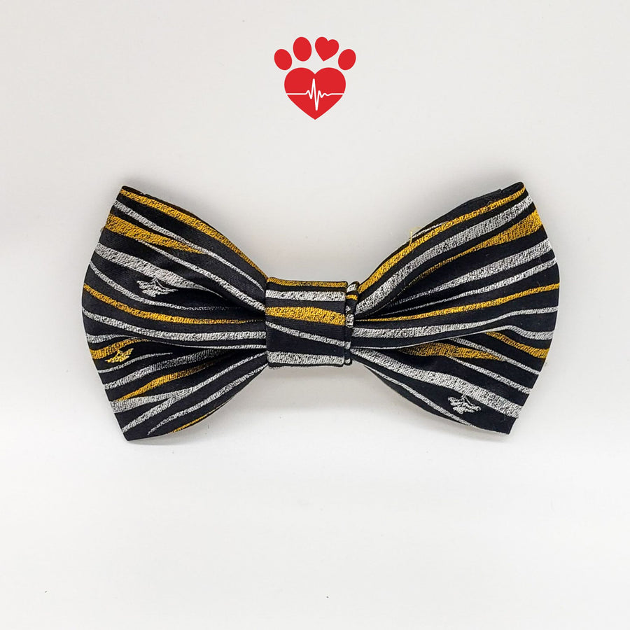Upcycled Black Silver and Gold print silk dog bow tie. - Life Has Just Begun