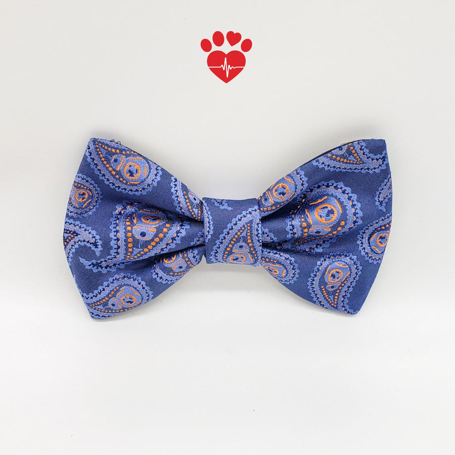 Upcycled blue paisley silk dog bow tie.  Repurposed from a mens neck tie.  Adjustable over the collar attachment with hook and loop strap. - Life Has Just Begun 