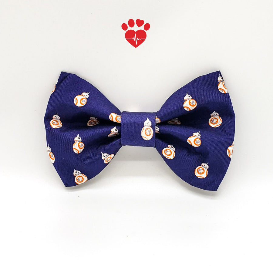Upcycled navy and orange robot print silk dog bow tie. - Life Has Just Begun