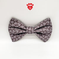 Upcycled Gray Superhero Silk Dog Bow Tie.  Reconstructed from a mens silk neck tie.  Two sizes available.  Attaches to collar with hook and loop . - Life Has Just Begun