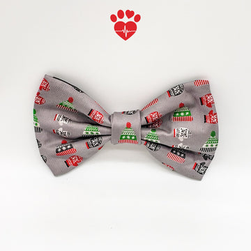 Upcycled red, white, green and gray hats and mittens silk dog bow tie. - Life Has Just Begun