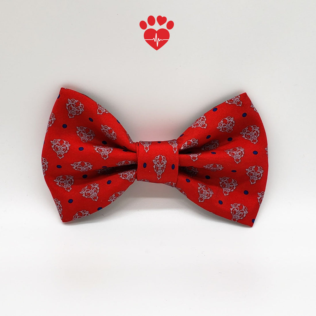 Upcycled red with navy dot silk dog bow tie.  Created from a deconstructed men's silk tie.  Two sizes available.  Over the collar attached by adjustable hook and loop strap. - Life Has Just Begun