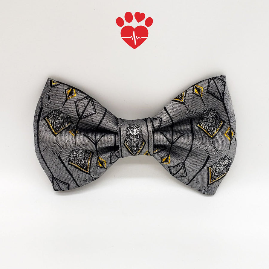 Upcycled silver and gold lions pride silk dog bow tie. - Life Has Just Begun