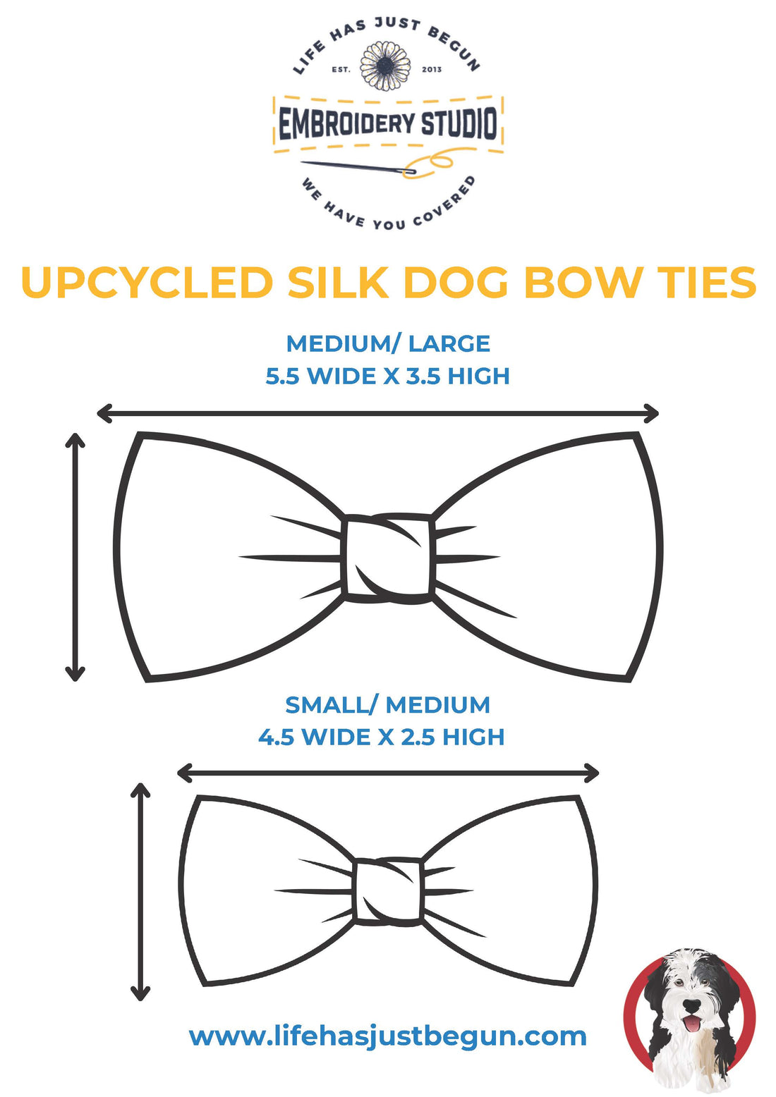 Upcycled silk dog bow tie size chart. Two sizes available. - Life Has Just Begun