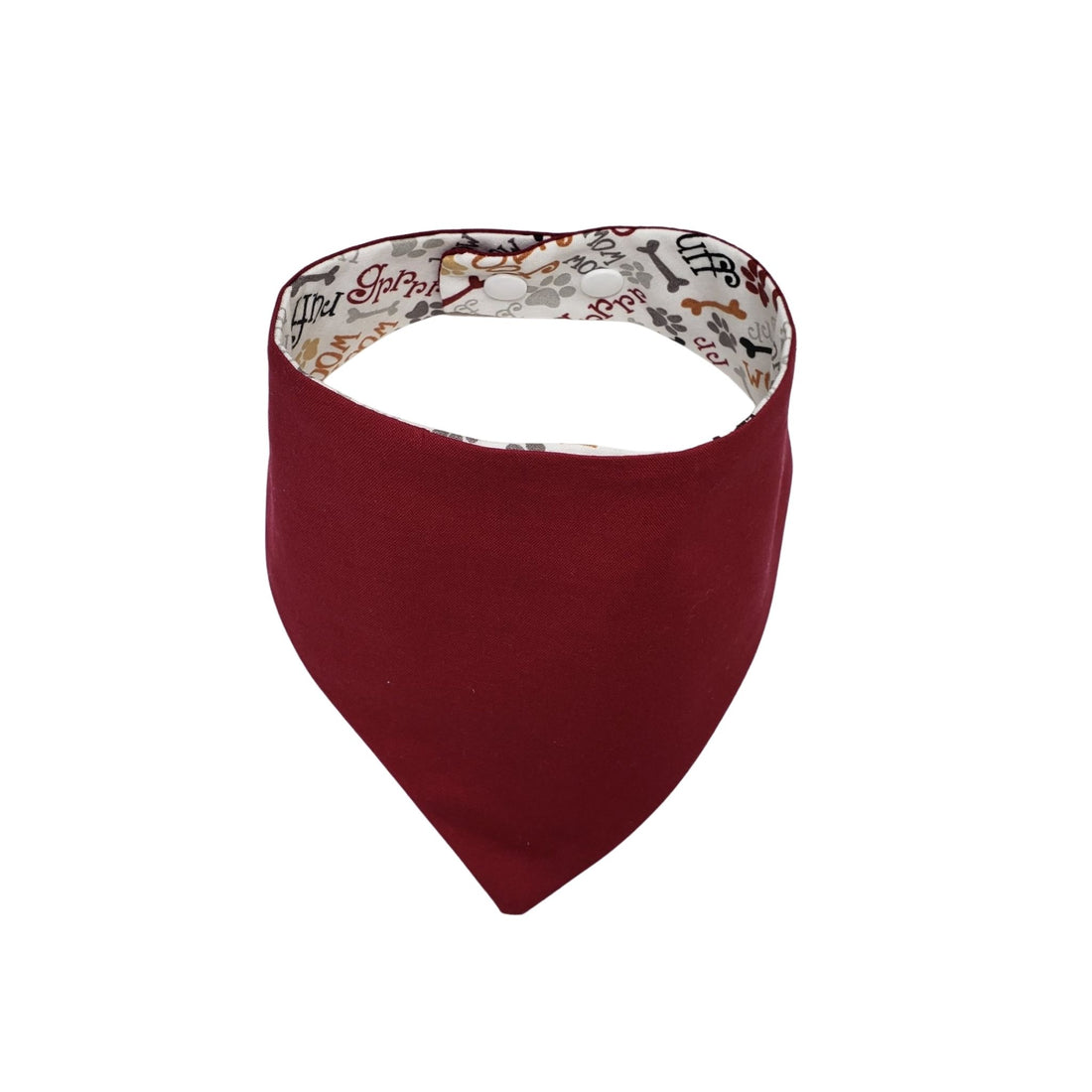 Burgundy reverse of woof woof print dog bandana with snaps - Life Has Just Begun