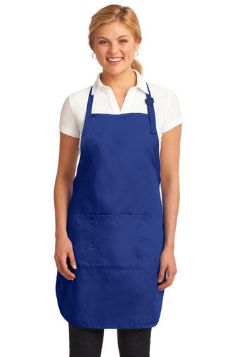 Model wearing Royal Blue full length apron. - Life Has Just Begun